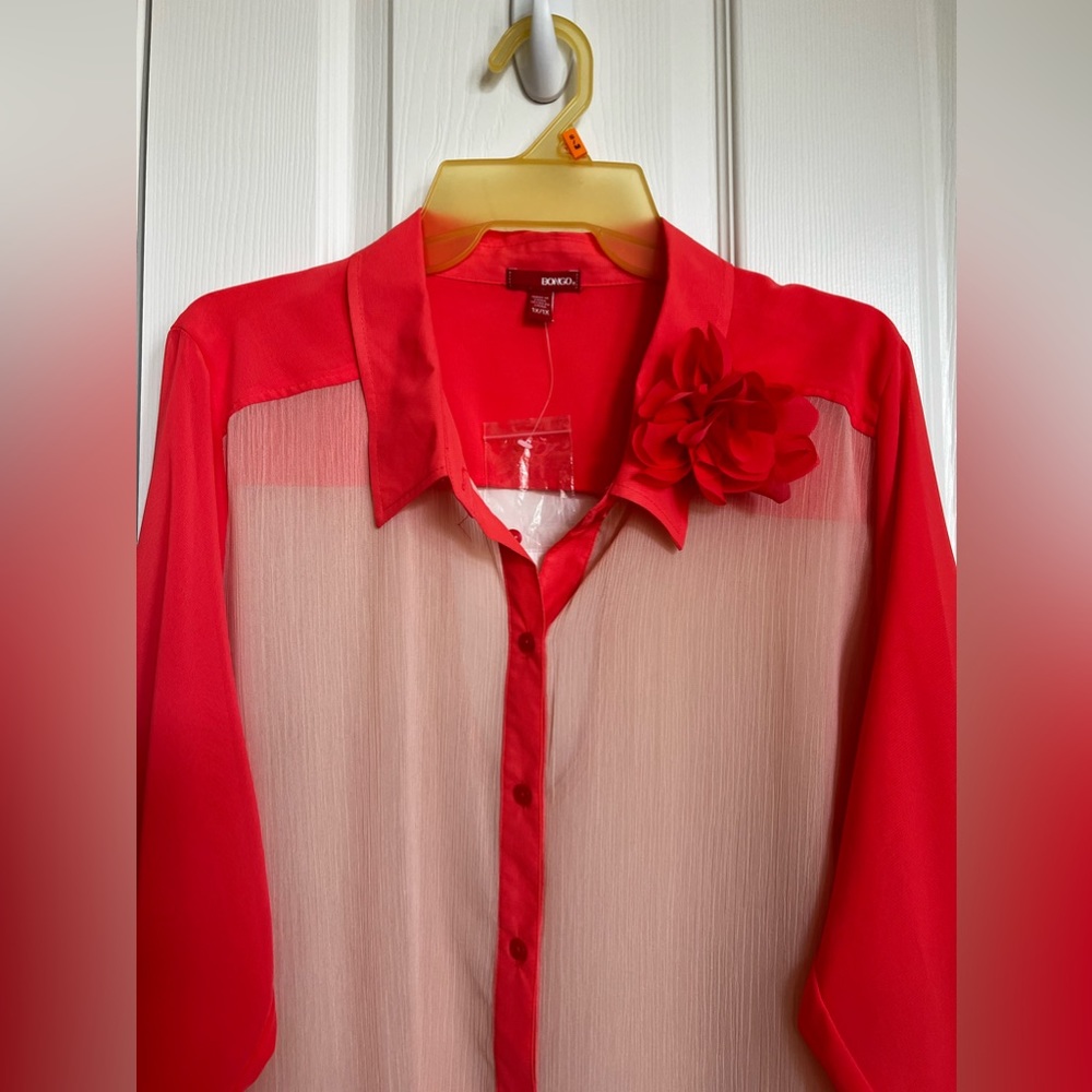 Two-tone, orange & beige, sheer tunic, long sleeve top & matching floral pin. 1X - Picture 1 of 12